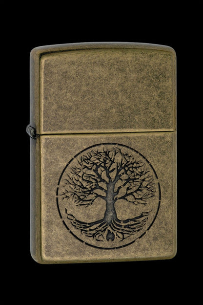 Bronze Zippo-style lighter engraved with a black Tree of Life design.