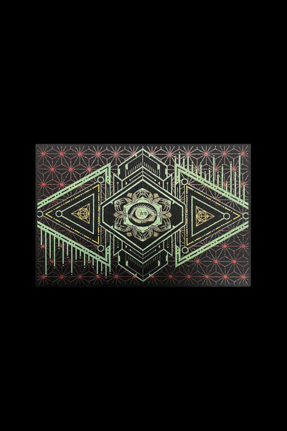 Intricate geometric pattern with a cannabis flower at its center, in shades of green and black.