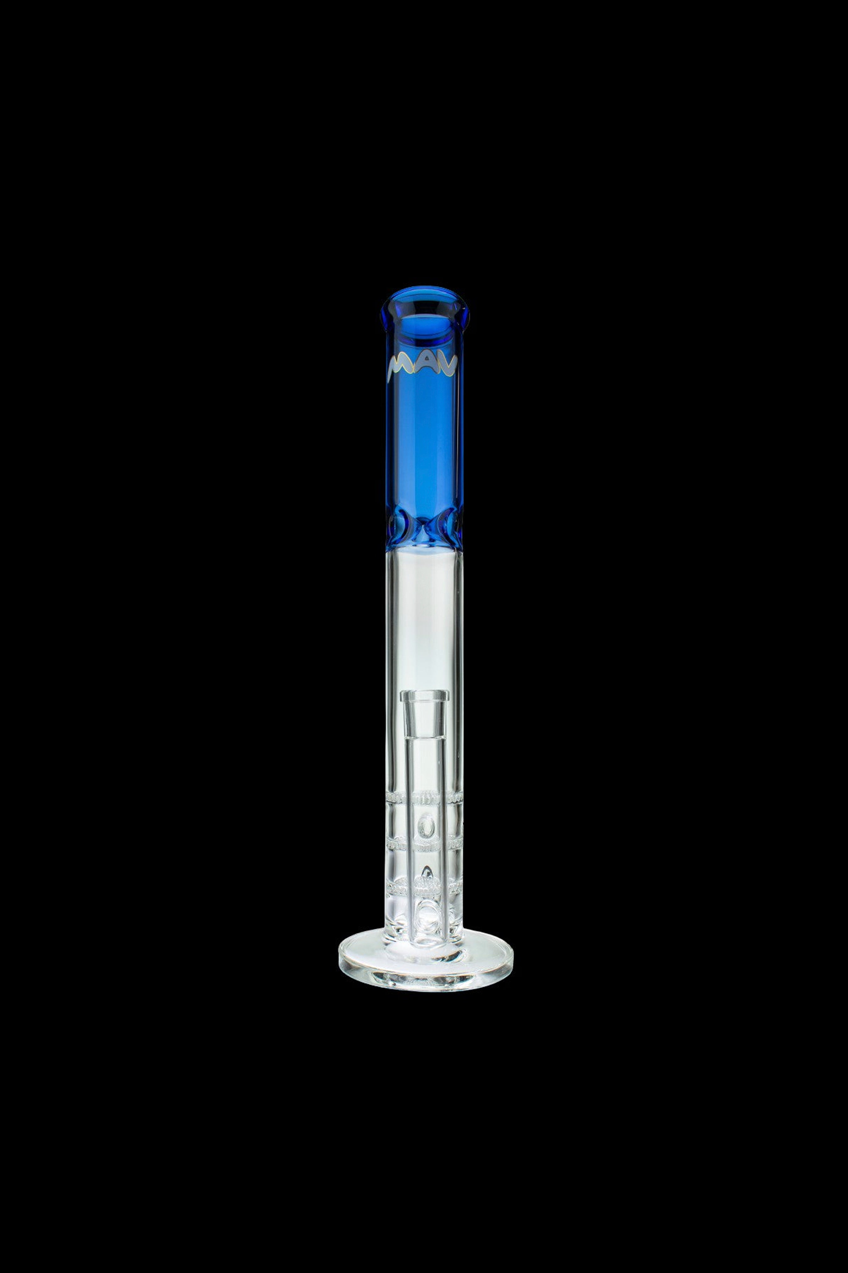 Blue and clear glass water pipe (bong) on a black background.