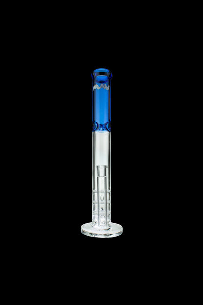 Blue and clear glass water pipe (bong) on a black background.