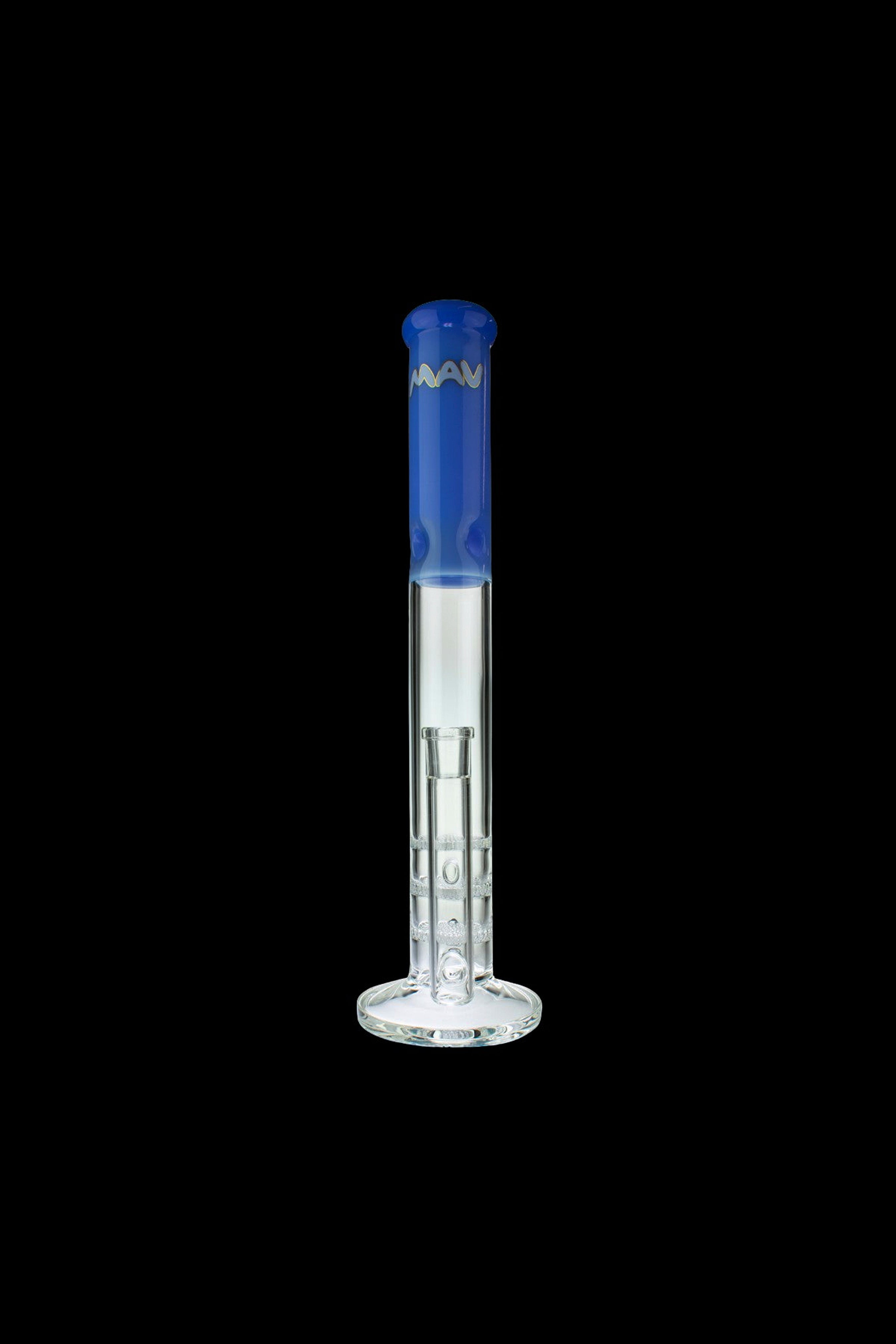 Blue and clear glass bong with intricate percolator design.