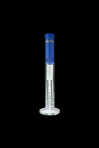 Blue and clear glass bong with intricate percolator design.