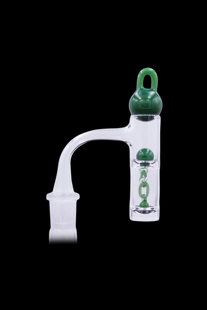Green glass oil rig perc with curved mouthpiece.