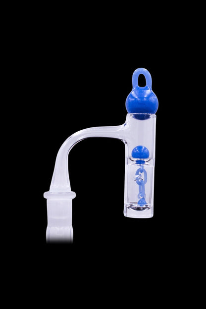 Blue glass oil rig bubbler with water visible inside.