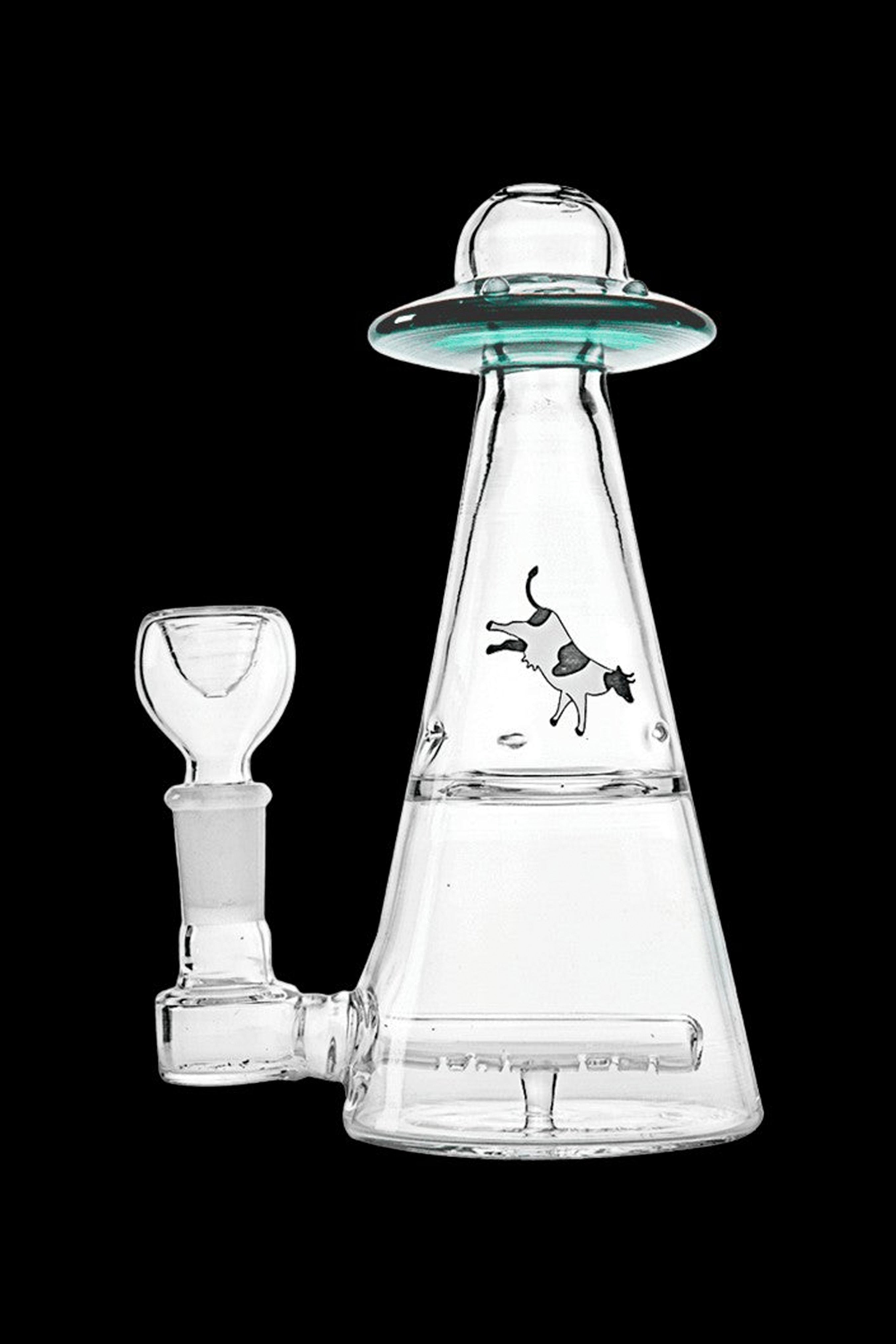 Clear glass rig shaped like a UFO with a removable bowl, featuring a cow illustration.