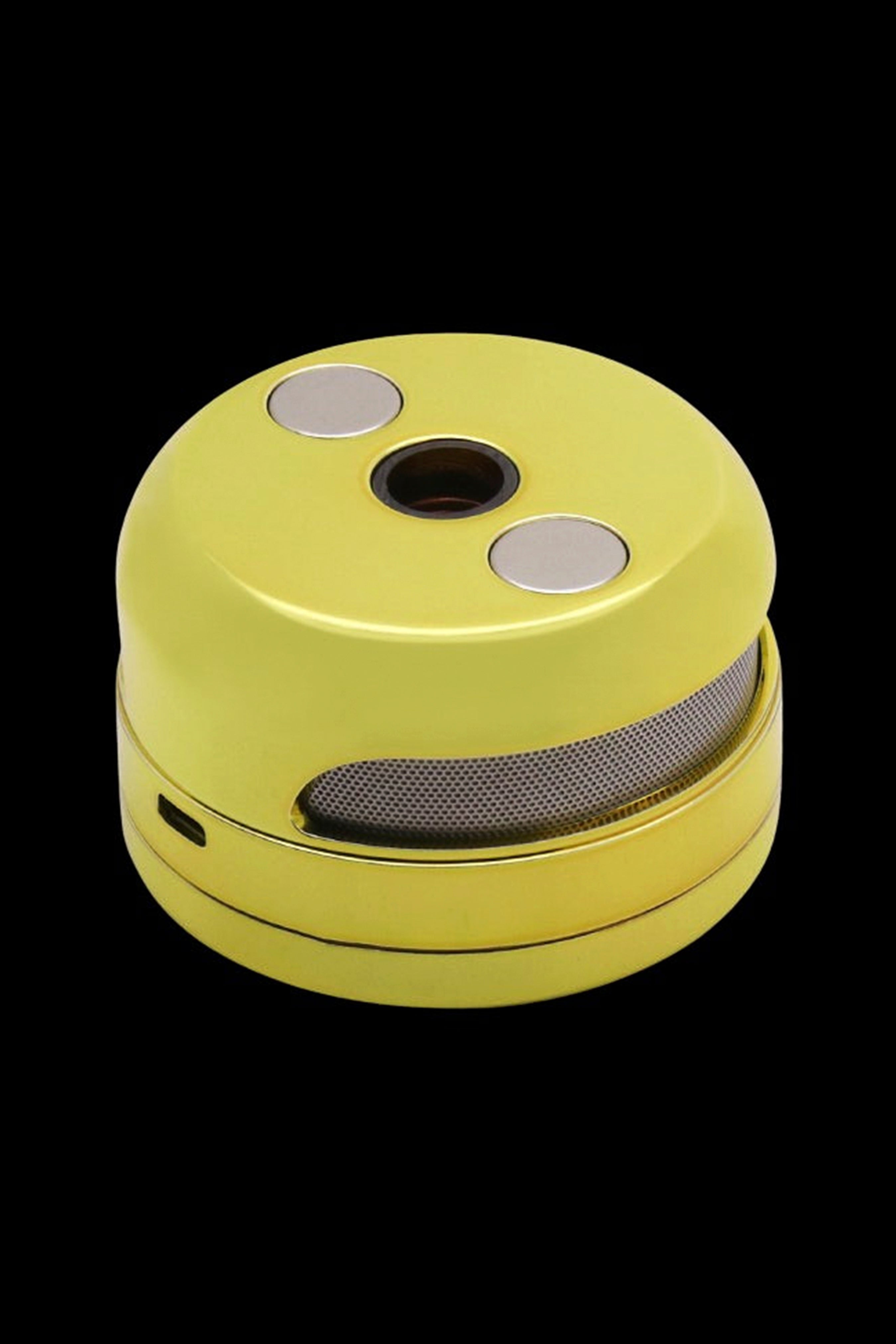 Yellow cannabis oil vape device with metallic buttons and mesh airflow.