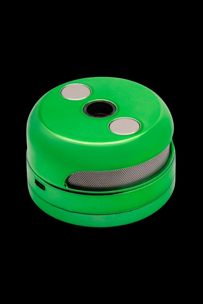 Green cannabis grinder with a metallic mesh midsection and silver buttons.