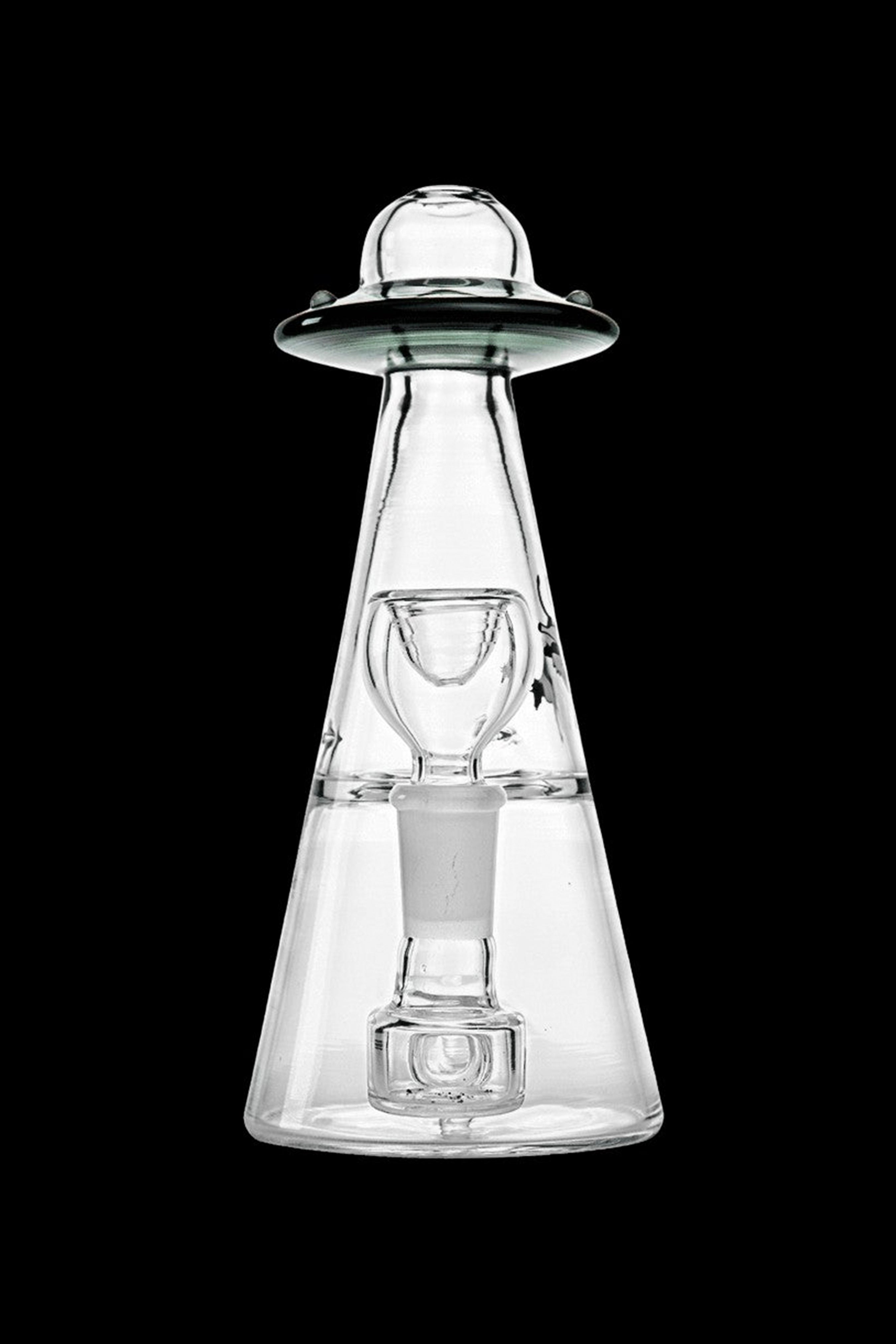 Clear glass rig shaped like a UFO with a downstem and water chamber.