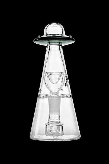 Clear glass rig shaped like a UFO with a downstem and water chamber.