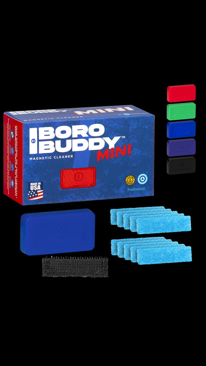 Blue BoroBuddy Mini magnetic cleaner kit for cannabis pipes and accessories, displayed with individual cleaning pads.