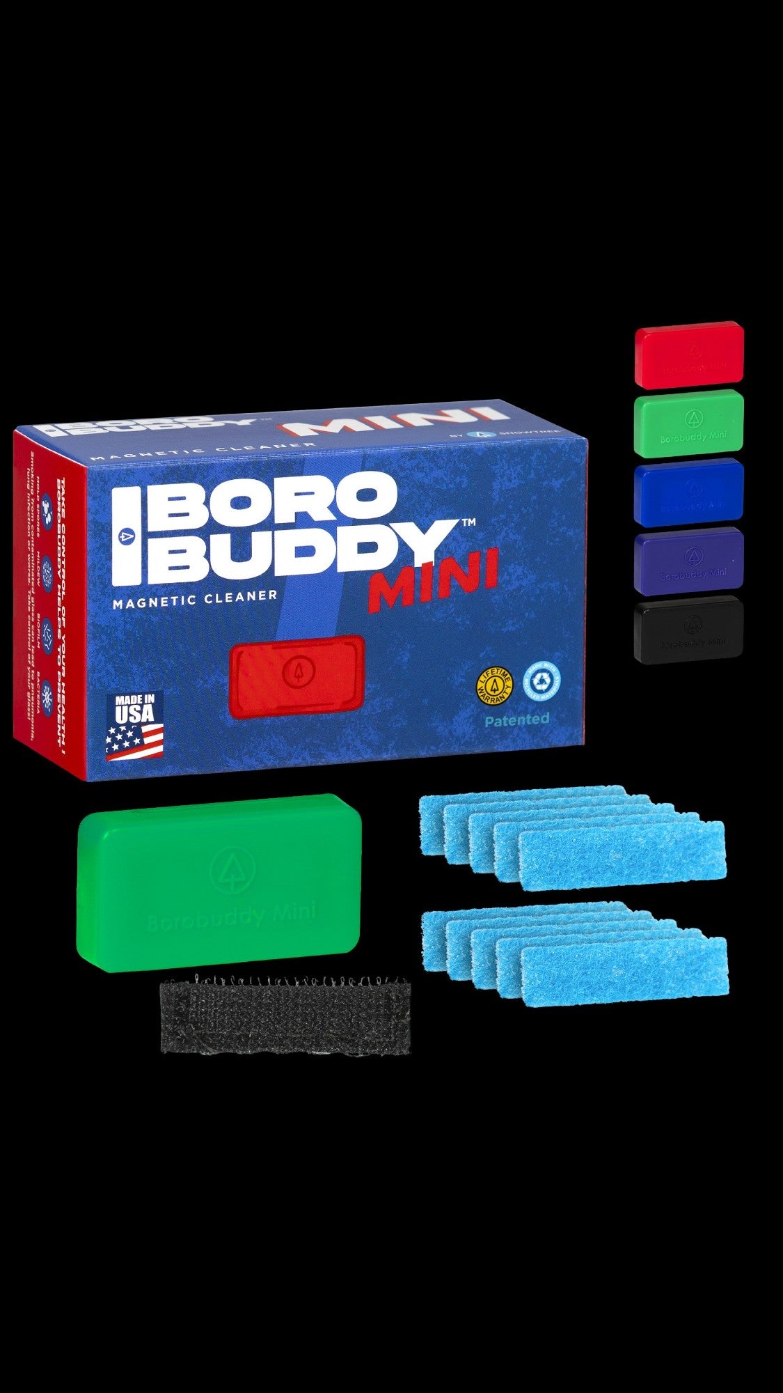 Boro Buddy Mini magnetic cleaner kit for glass pipes, including a blue cleaning solution and various magnetic scrubbers. 