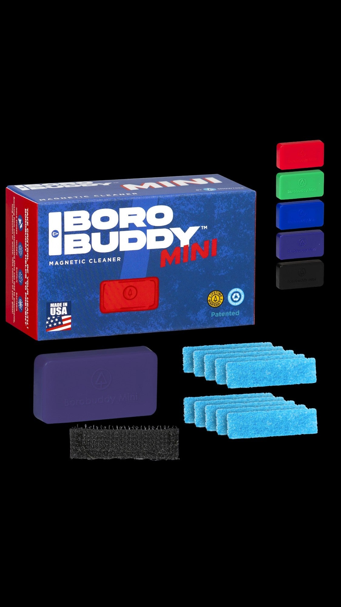 Box of Boro Buddy magnetic cleaner for glass pipes, with replacement cleaning pads in purple and blue.