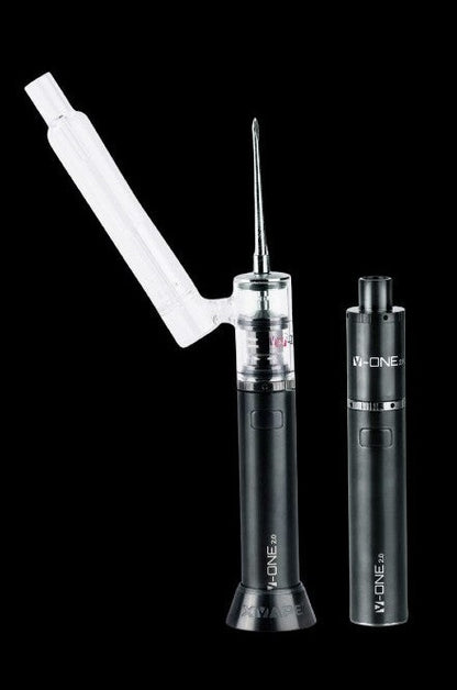 Two Yocan V-One Plus vaporizers and a quartz coil accessory displayed on a black background.