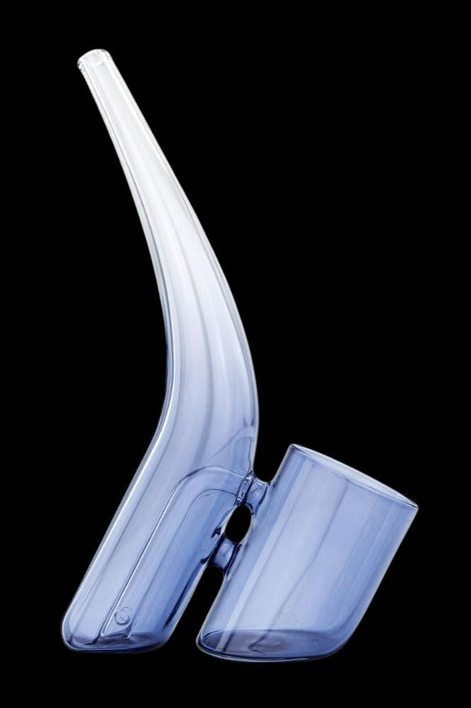 Blue glass cannabis bubbler with a curved neck and wide base.