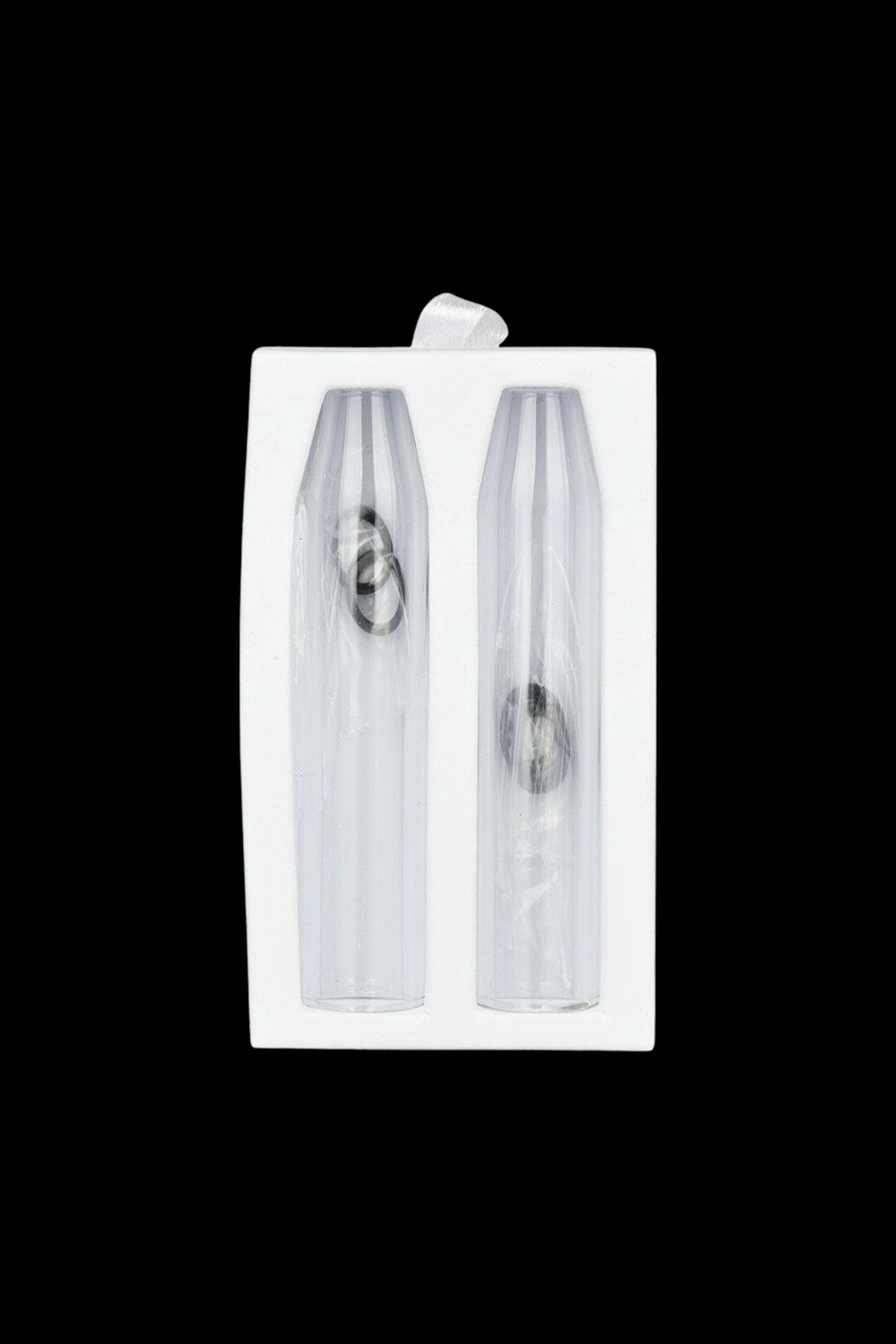 Clear glass pre-roll tubes in plastic packaging.