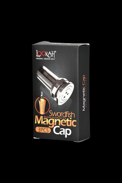 Product packaging for "Lookah Swordfish Magnetic Cap" cannabis accessory, featuring a 3-pack with product images.
