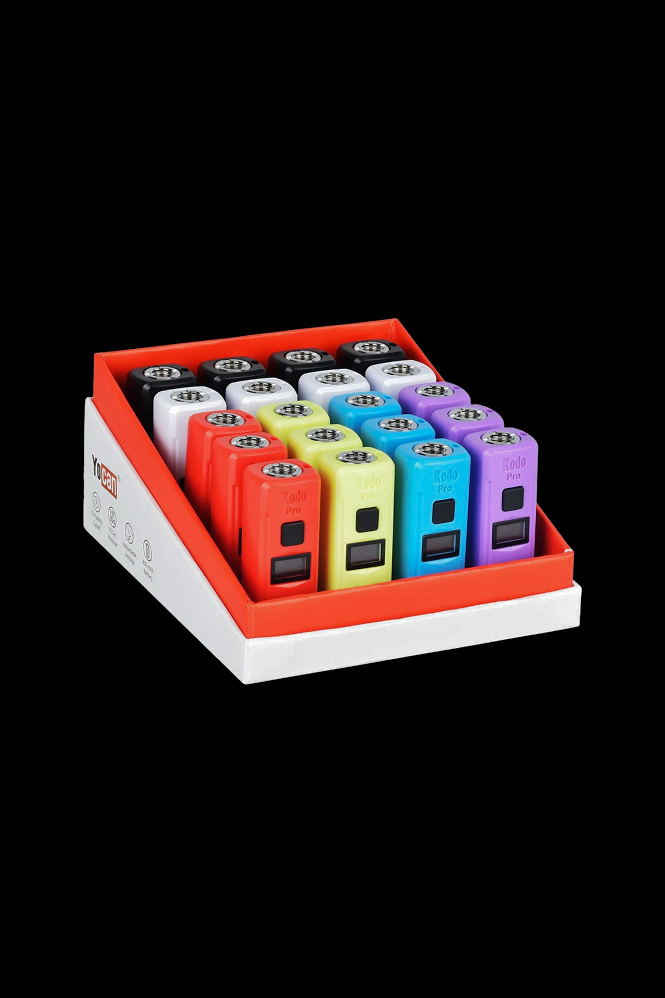 Retail display of Yocan Evolve Plus vape pen kits in assorted colors.