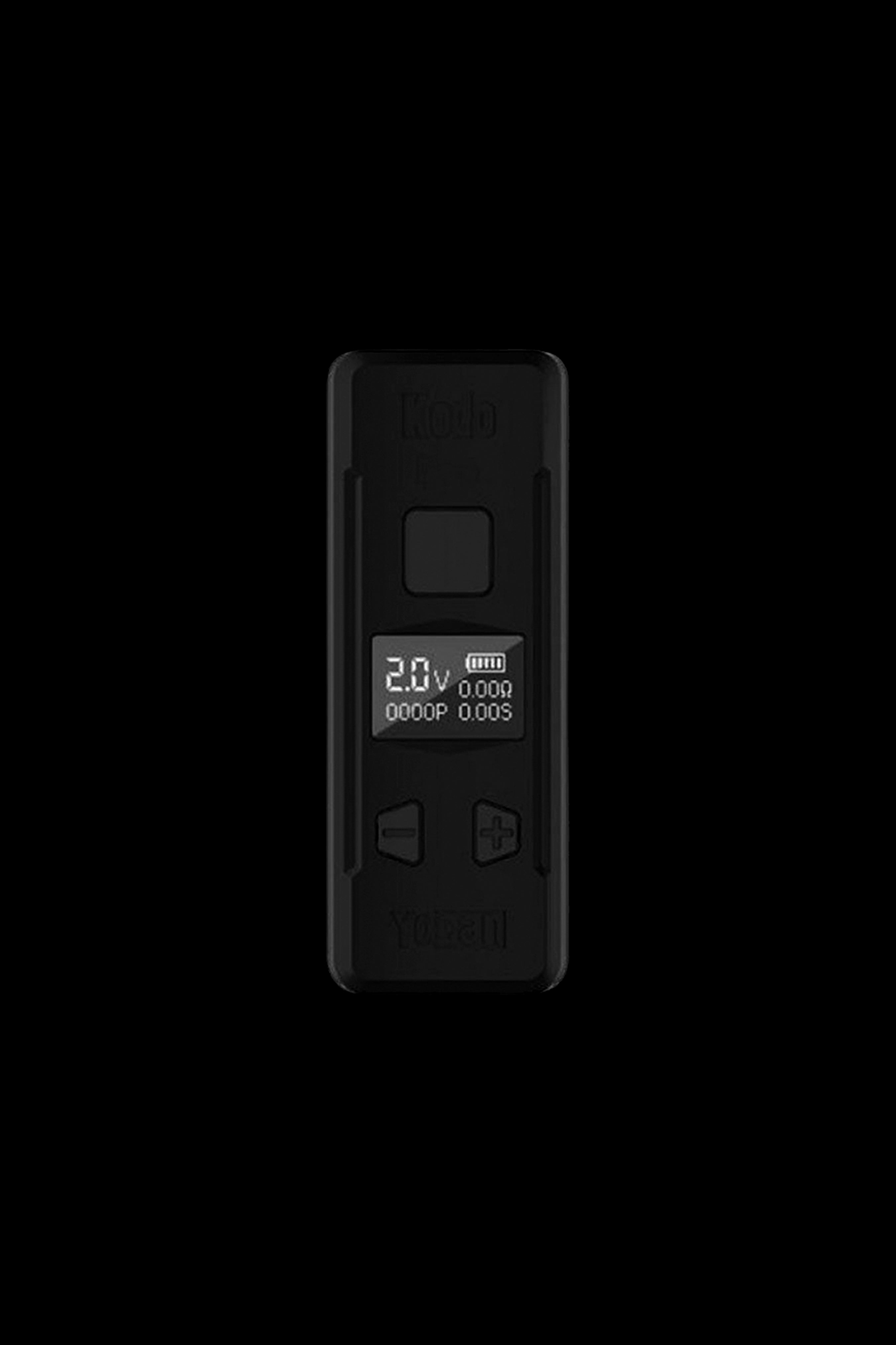Black cannabis vape pen with digital display showing voltage and settings.