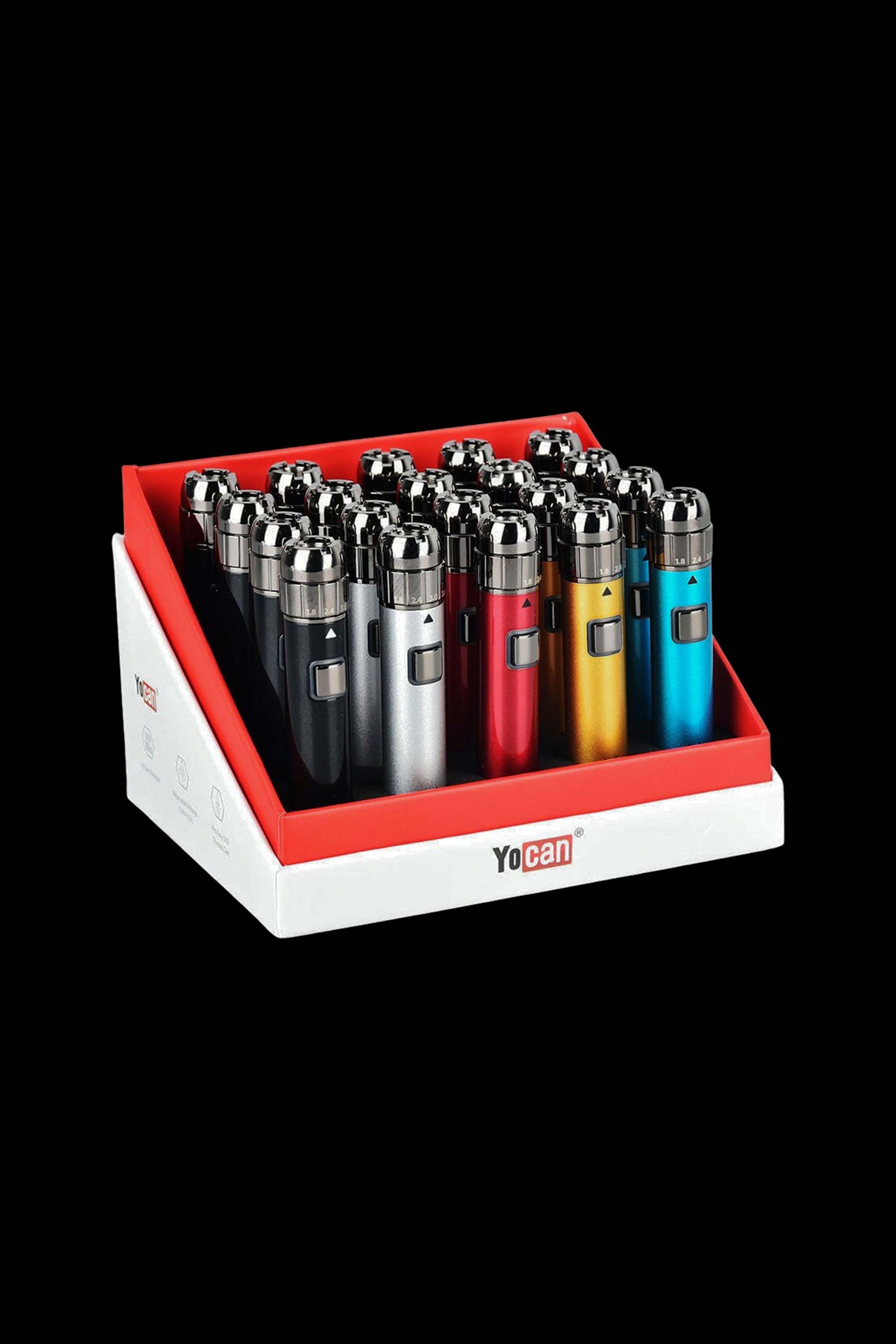 Display of colorful Yocan pen-style vaporizers in a retail box.