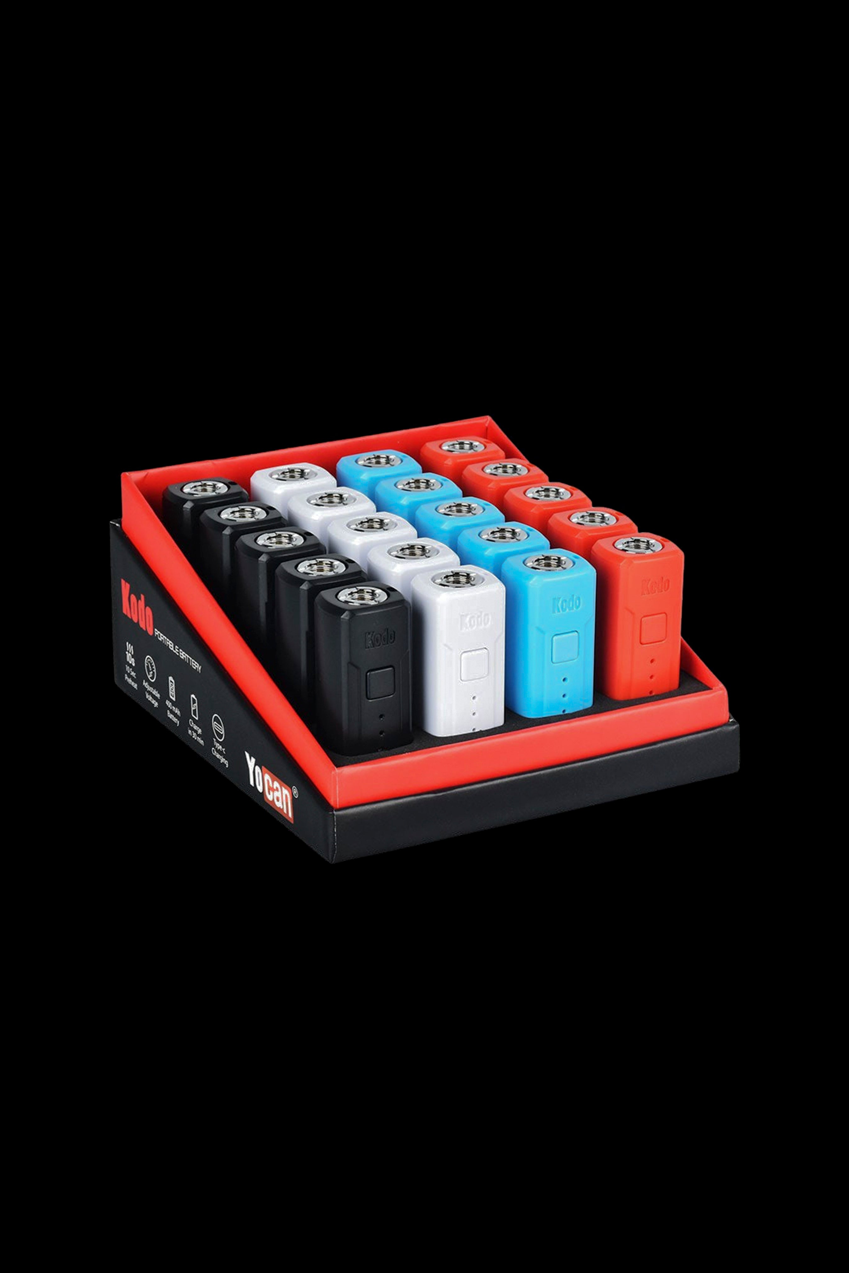 Display case of Yocan Kodo portable batteries in black, white, blue, and red, likely for use with cannabis vape cartridges.
