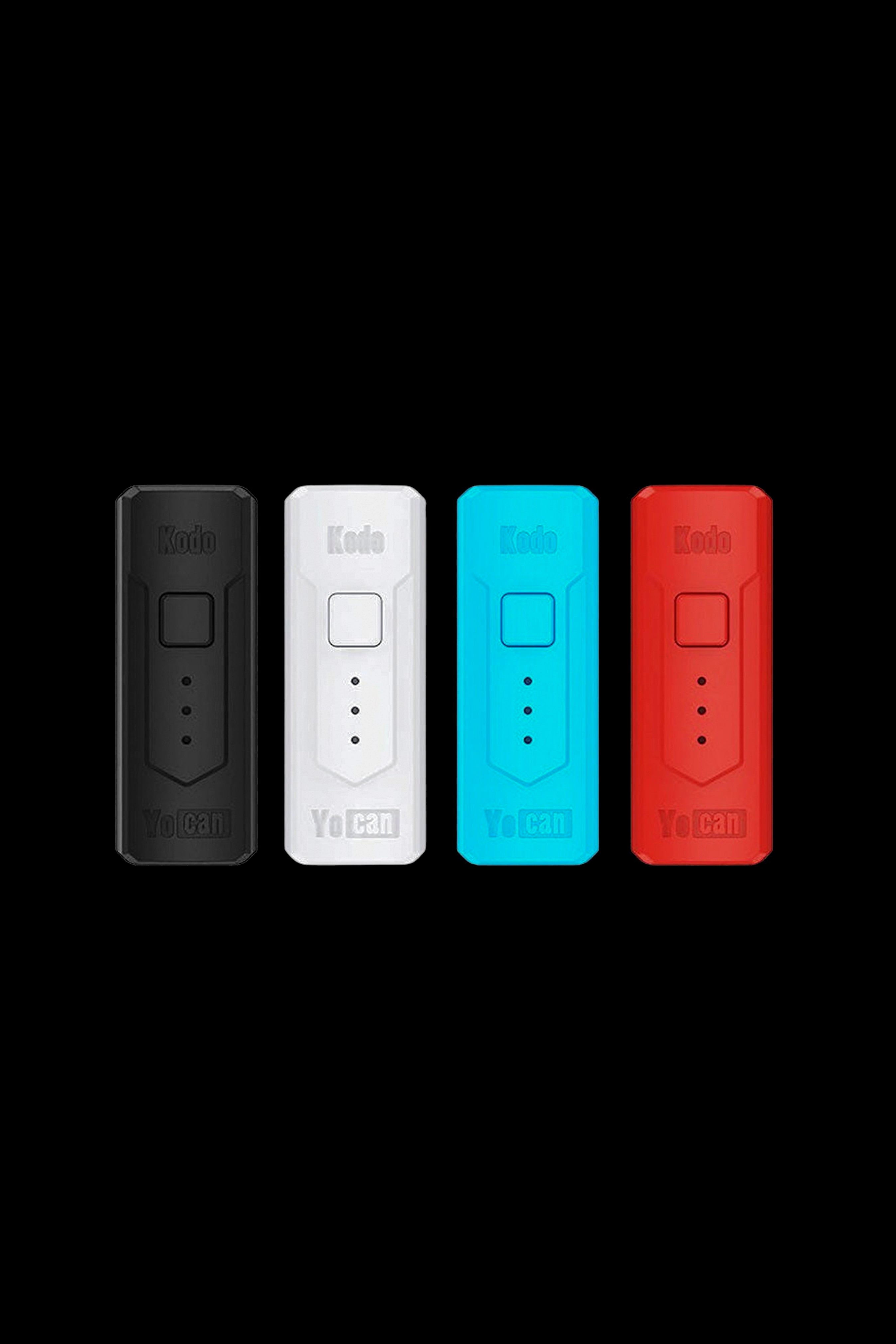 Yocan Kodo battery collection in black, silver, teal, and red.