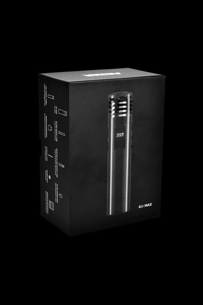 Black cannabis vaporizer pen in packaging with icons and text.