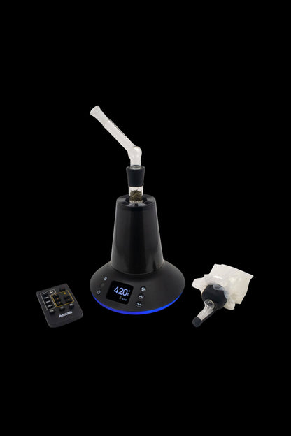 Arizer Extreme Q cannabis vaporizer with remote control and accessories on a black background.