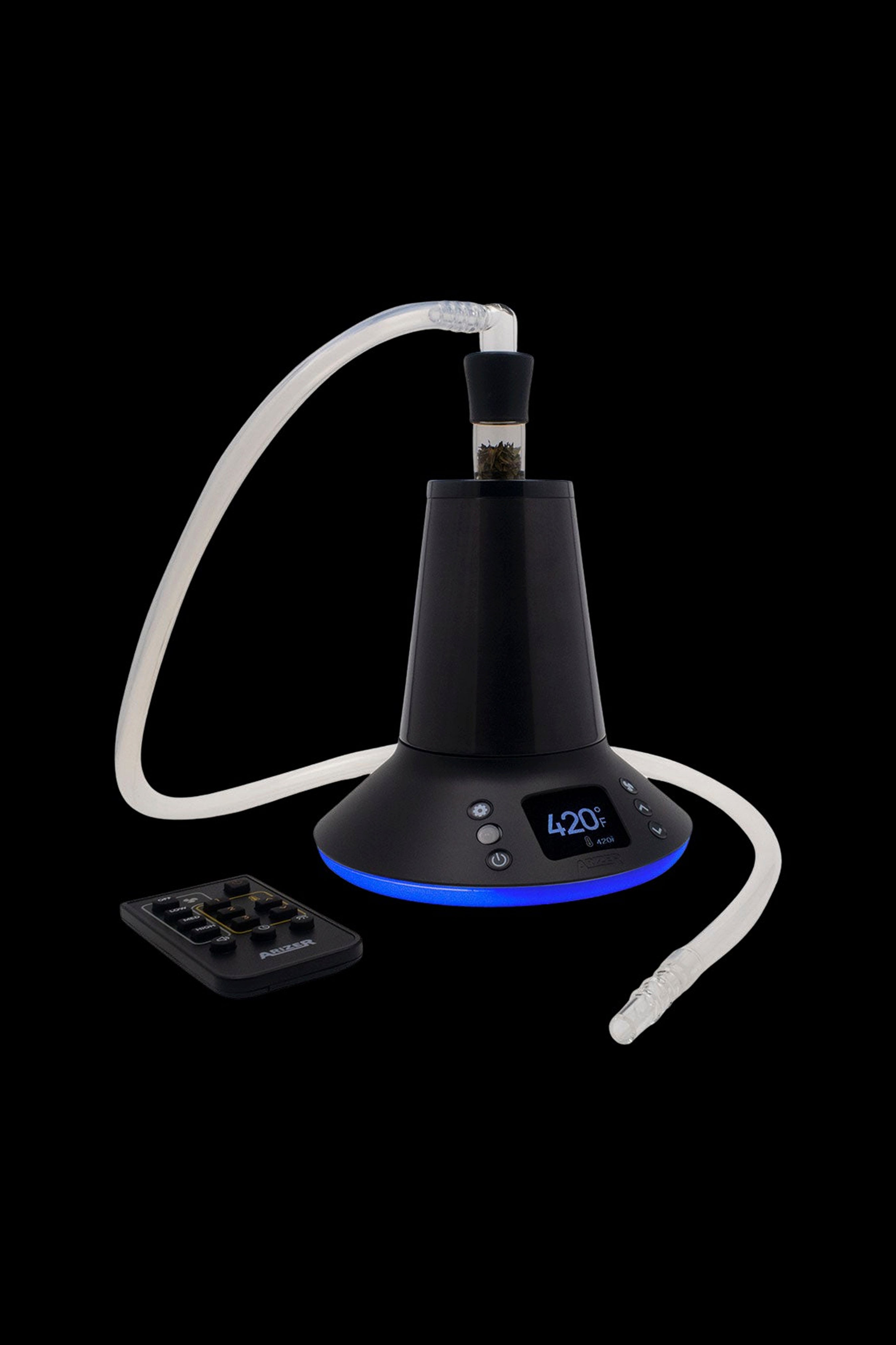 High-tech cannabis vaporizer with digital display and glass tubing.