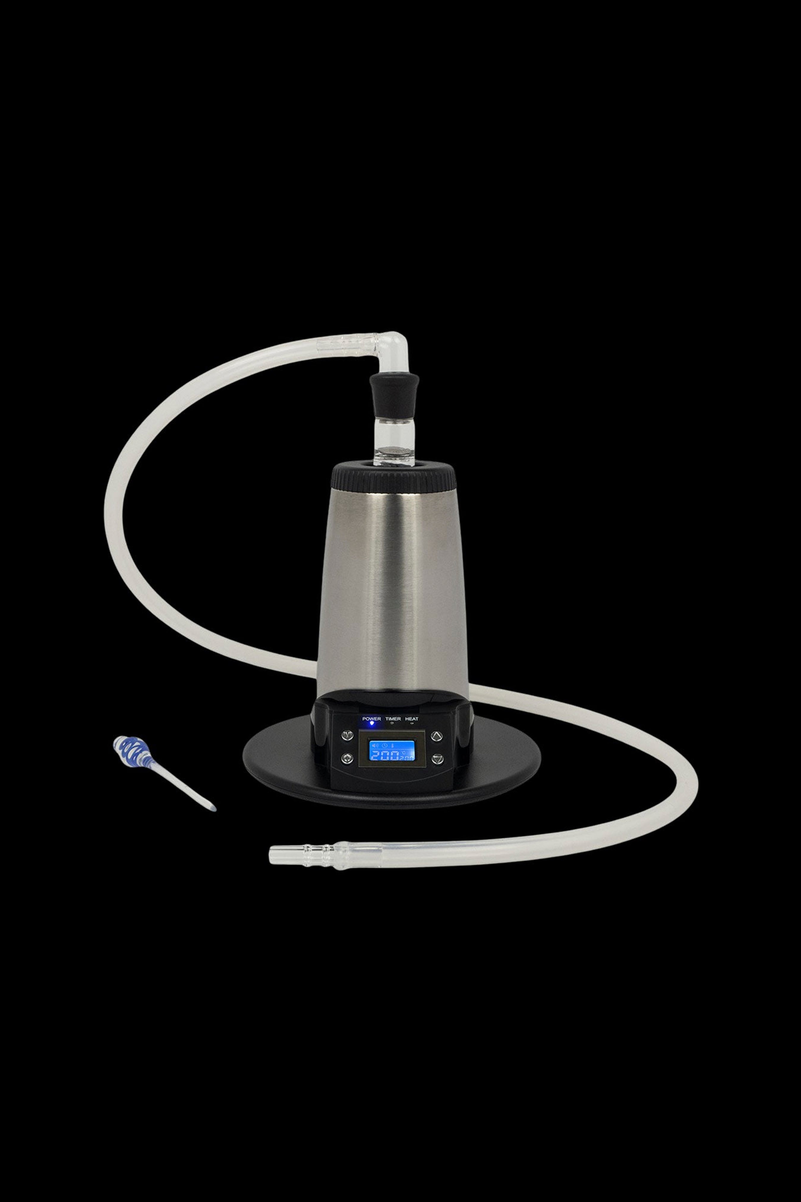 Digital vaporizer with coiled tubing on a black base.