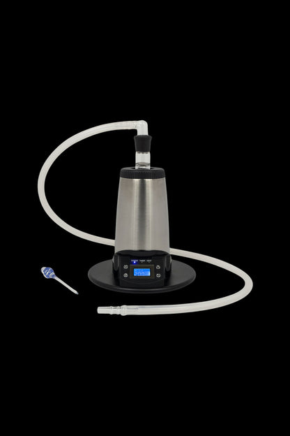 Digital vaporizer with coiled tubing on a black base.