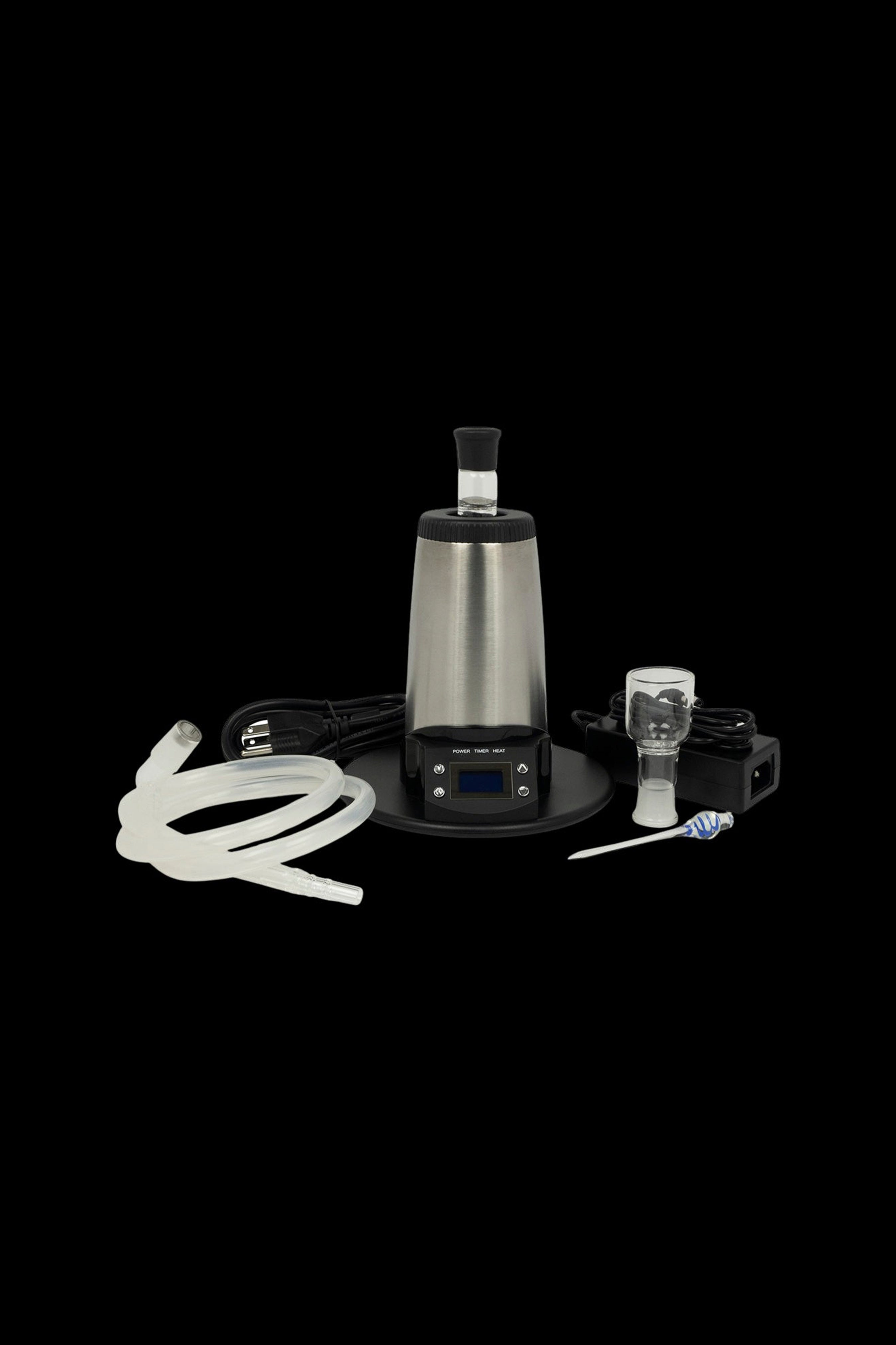 Silver cannabis vaporizer with accessories on a black background.