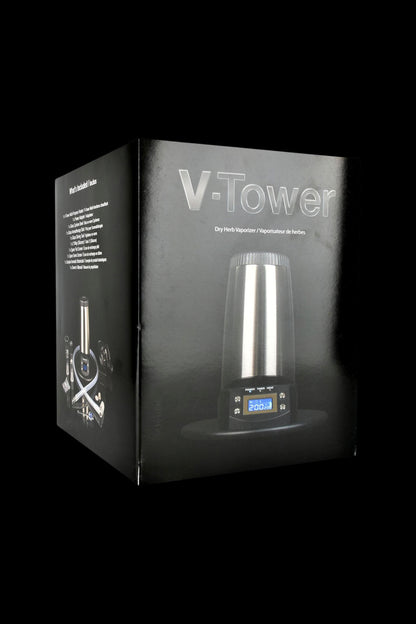 Box for a “V-Tower” dry herb vaporizer, showing the device and included components.