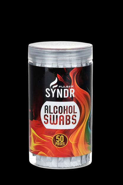 Pulsar Syndr alcohol swabs in a clear cylinder, designed for cleaning cannabis accessories.