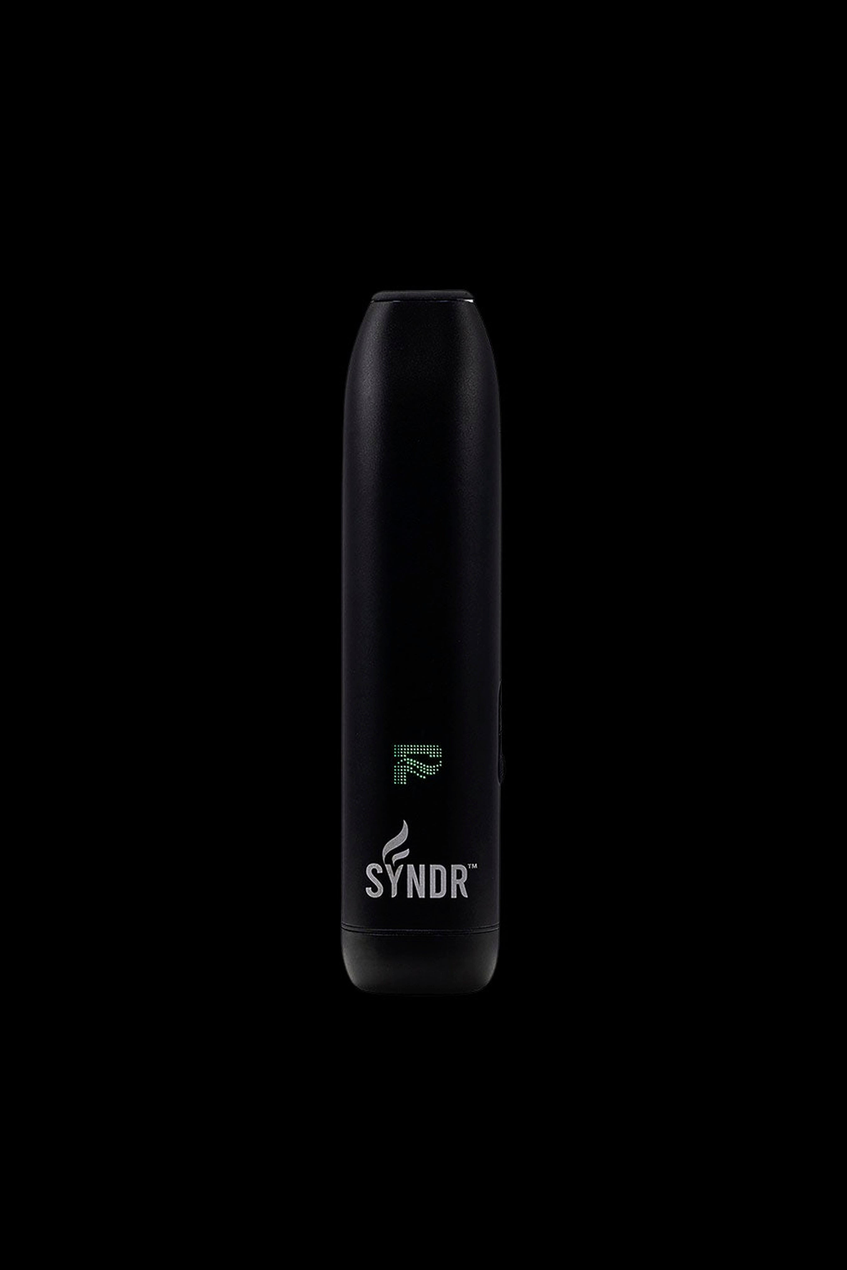 Black SYNDR cannabis oil vape pen with digital display.