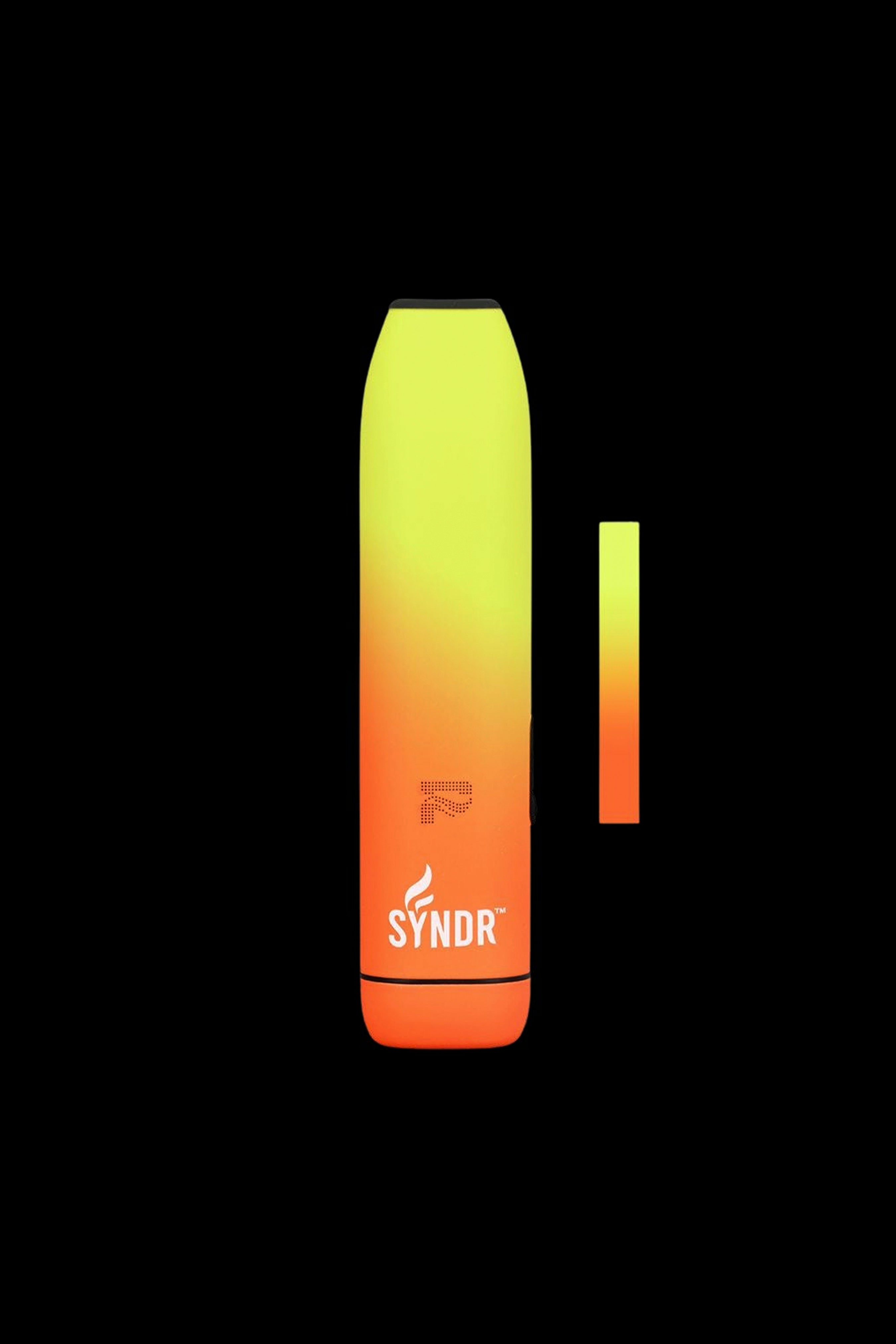 Yellow and orange cannabis vape pen with branding.