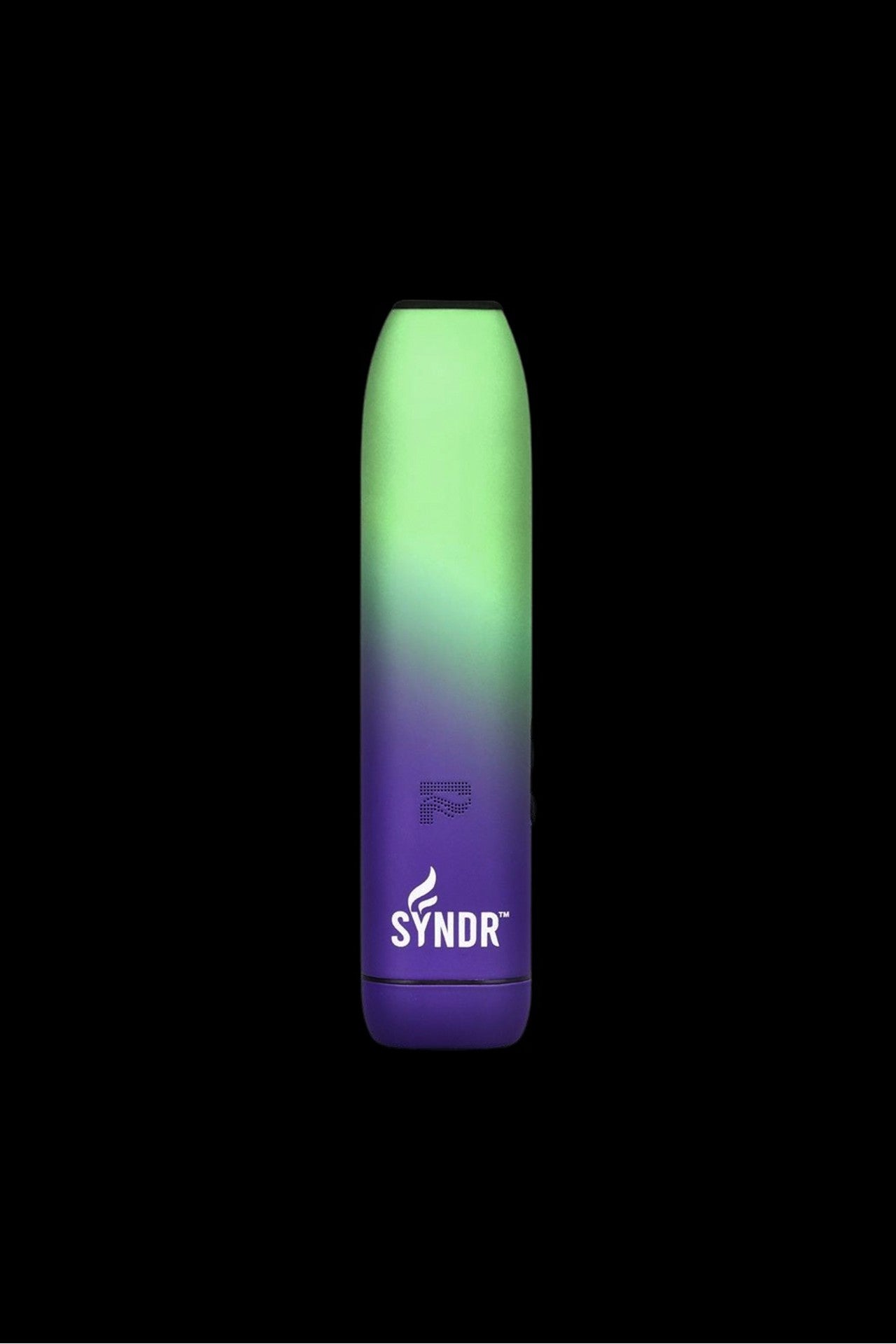 Purple and green cannabis vape pen with “SYNDR” logo against a black background.