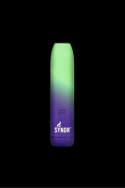 Purple and green cannabis vape pen with “SYNDR” logo against a black background.