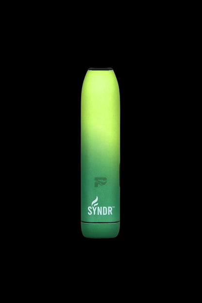 Green cannabis vaporizer pen with “SYNDR” logo.