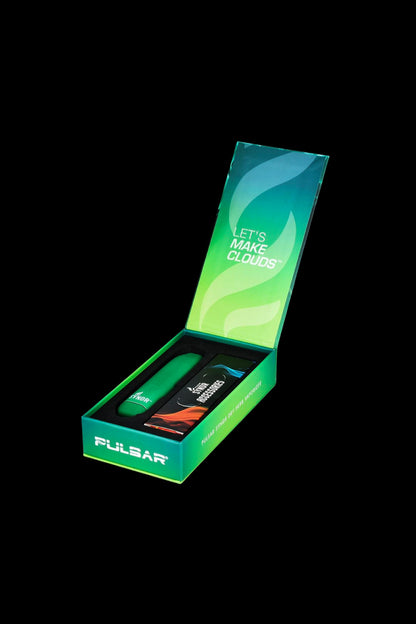 Pulsar vaporizer in open green packaging with text “Let’s Make Clouds.”