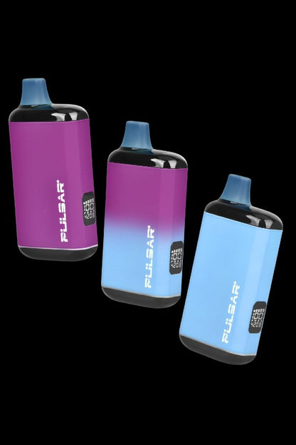 Three Pulsar vaporizers in gradient purple and blue hues against a black background.