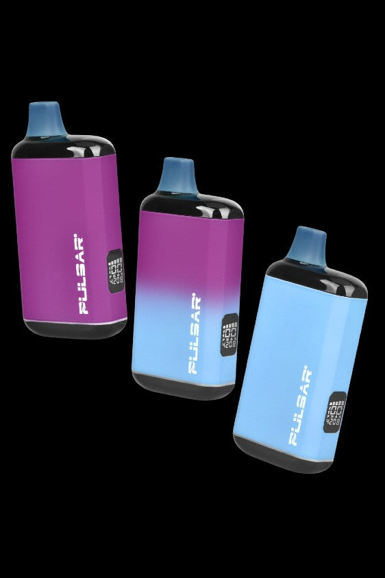 Three Pulsar vaporizers in gradient purple and blue hues against a black background.