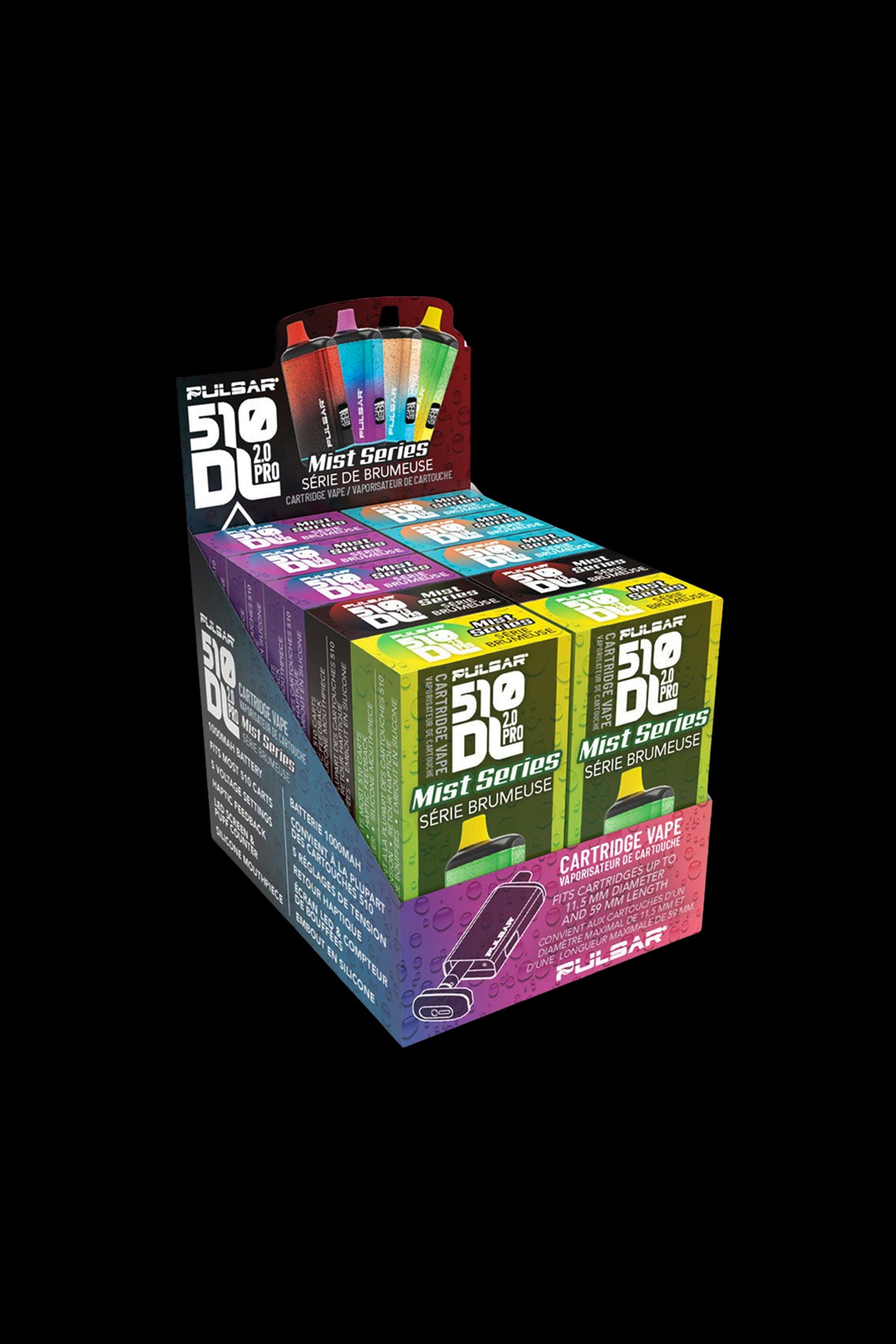 A stack of colorful Pulsar DUO Series Mist cartridge vape boxes with diagrams of the device and French text.