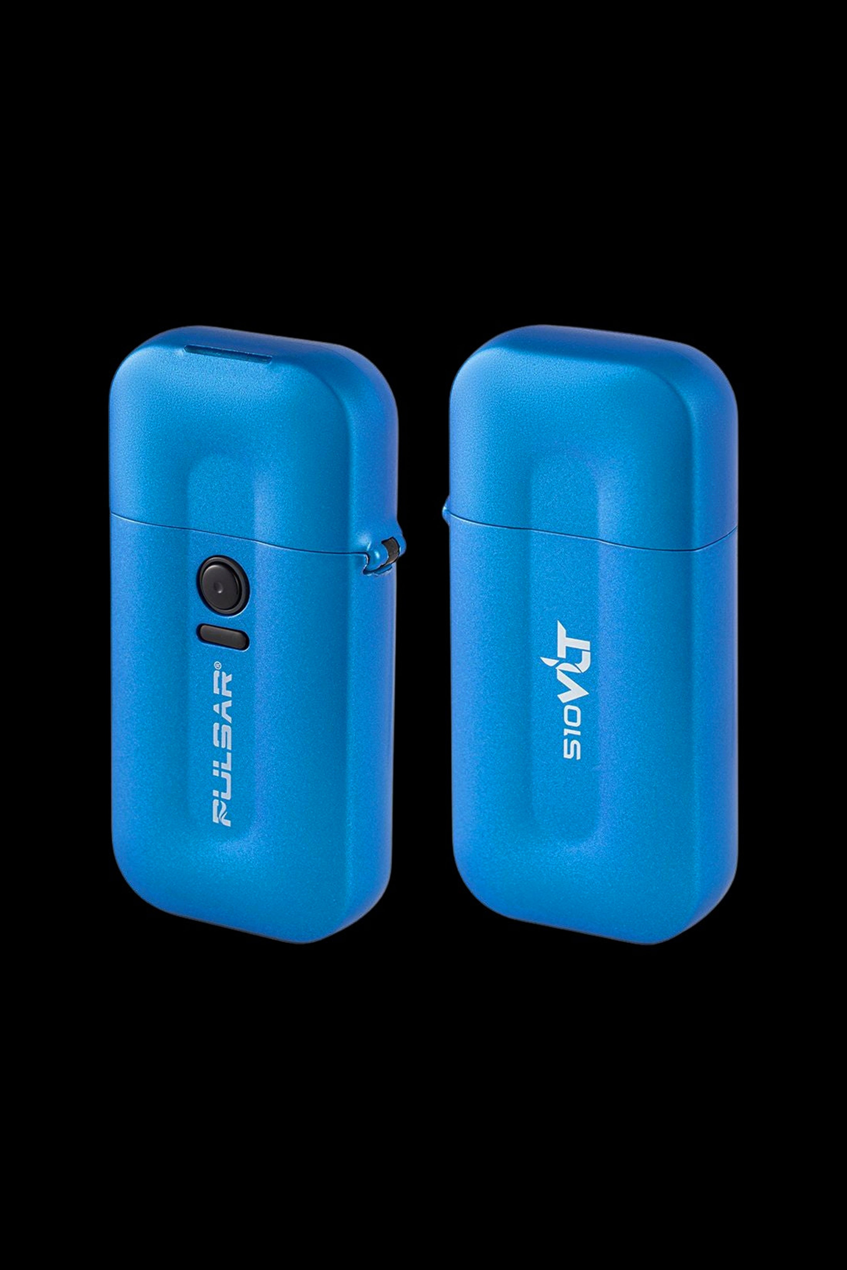 Two blue Pulsar vaporizer pens against a black background.