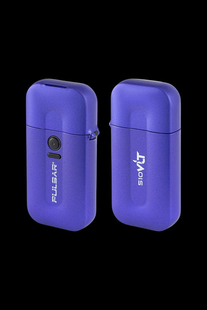 Two blue cannabis vaporizer pens with brand logos displayed against a black background.