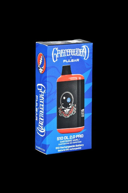 Grateful Dead-branded Pulsar vape battery packaging with a skull and roses design.