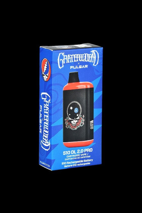 Grateful Dead-branded Pulsar vape battery packaging with a skull and roses design.