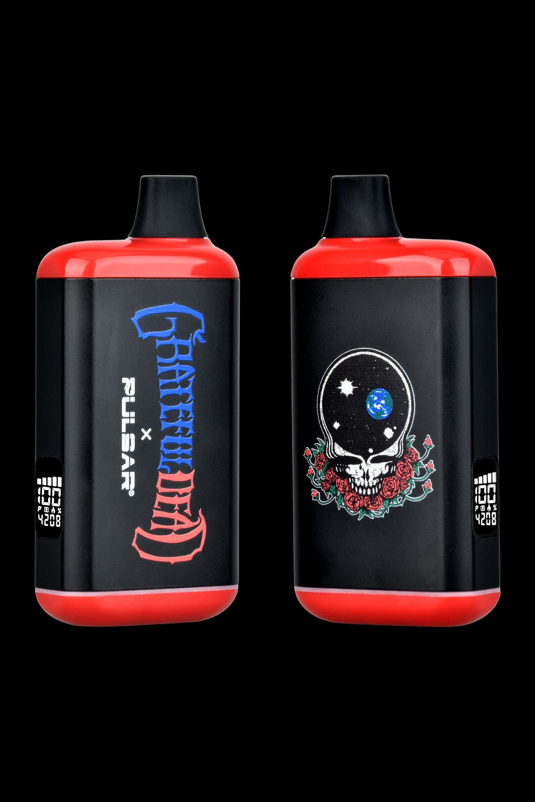 Two black Pulsar vaporizers branded with the Grateful Dead Steal Your Face skull logo and red roses, displaying a digital screen with "4208".