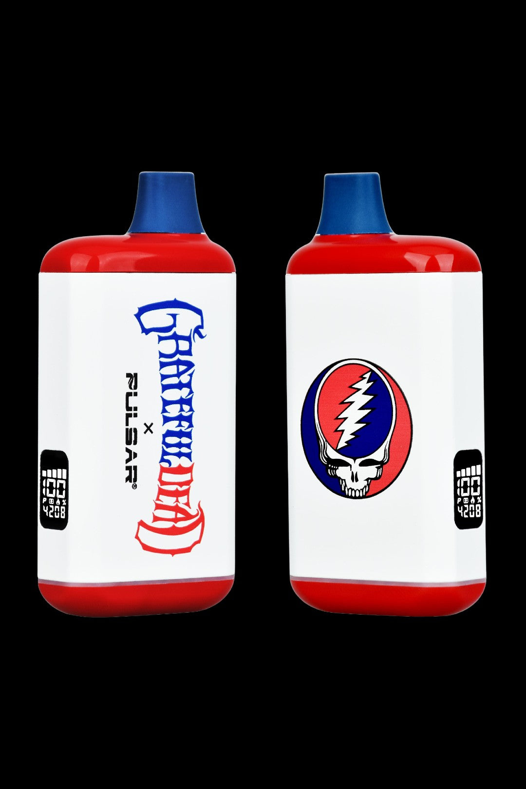 Two white and red cannabis oil vape cartridges feature Grateful Dead-inspired branding, including the iconic skull logo and band name, with “Pulsar x Grateful Dead” text.