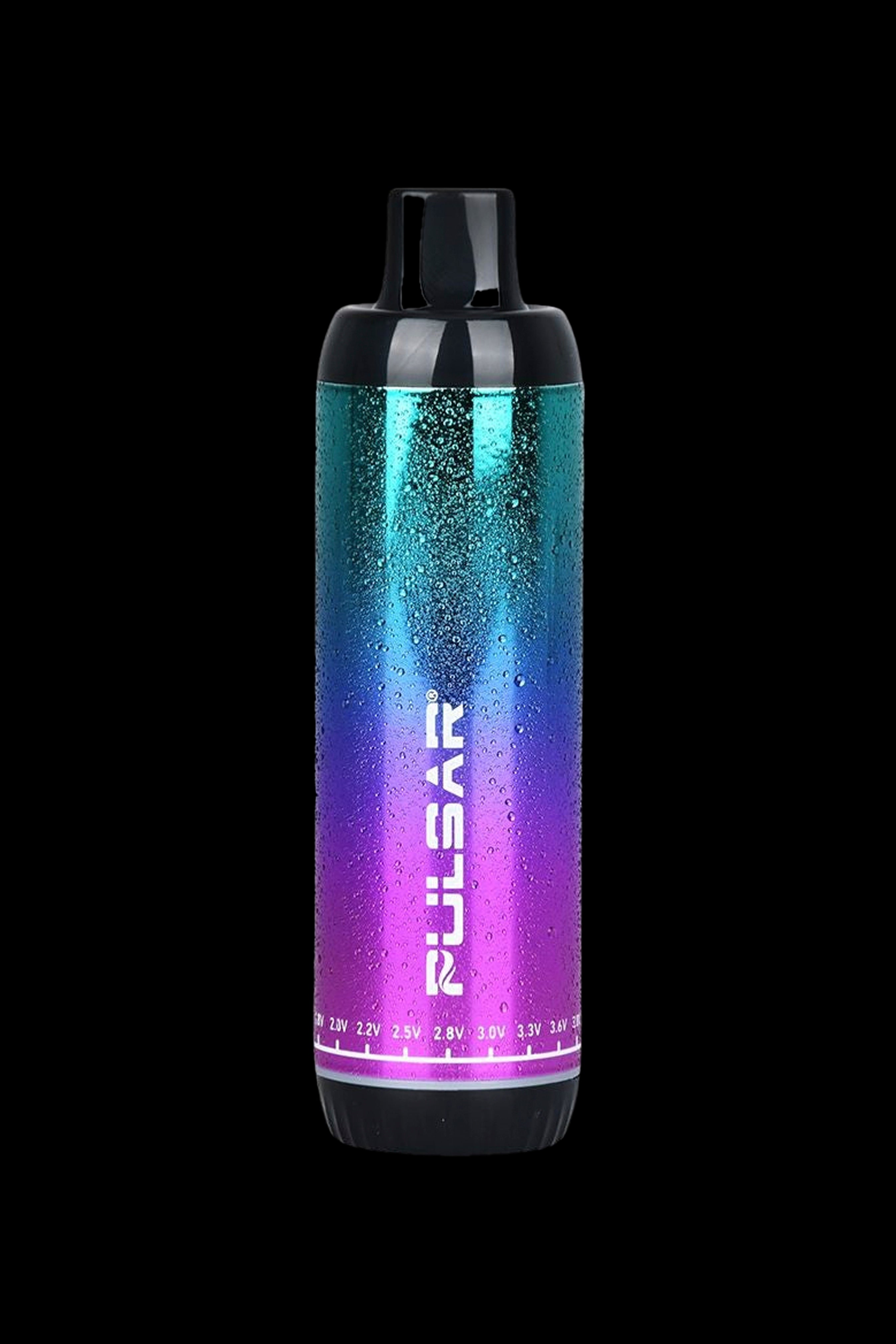Pulsar vaporizer pen with iridescent purple and teal finish, covered in condensation.