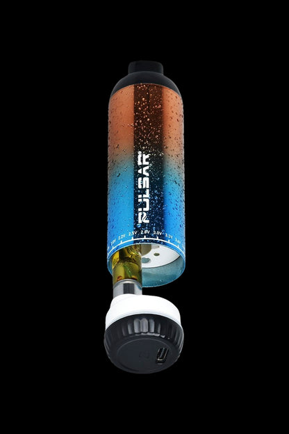 Cannabis vape pen with a metallic blue and orange battery and a clear cartridge containing visible oil.